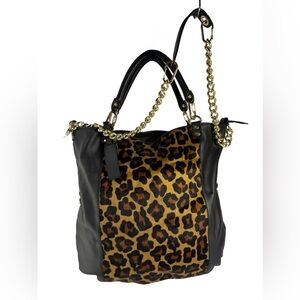 Plinio Visona Italy Leopard Print Pony and Black Leather Tote Bag